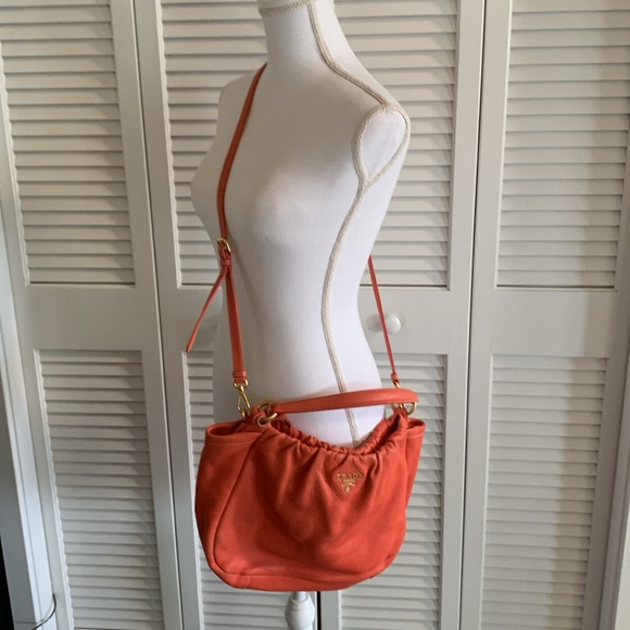PRADA Cervo Pleat Bag Hobo Orange Deerskin Women’s Crossbody Designer Purse - Picture 3 of 16